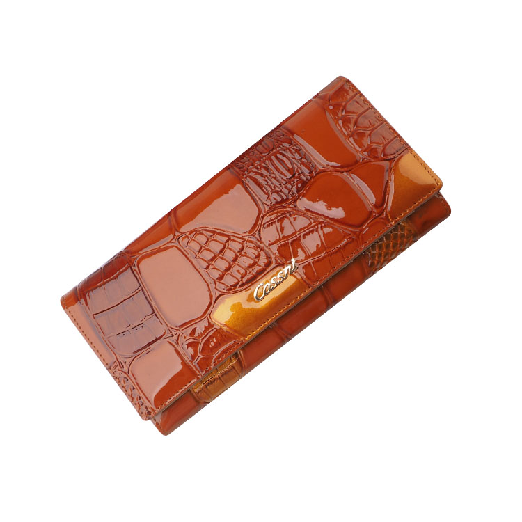 黃(huáng)色鳄魚皮專利皮革長(cháng)款錢(qián)包