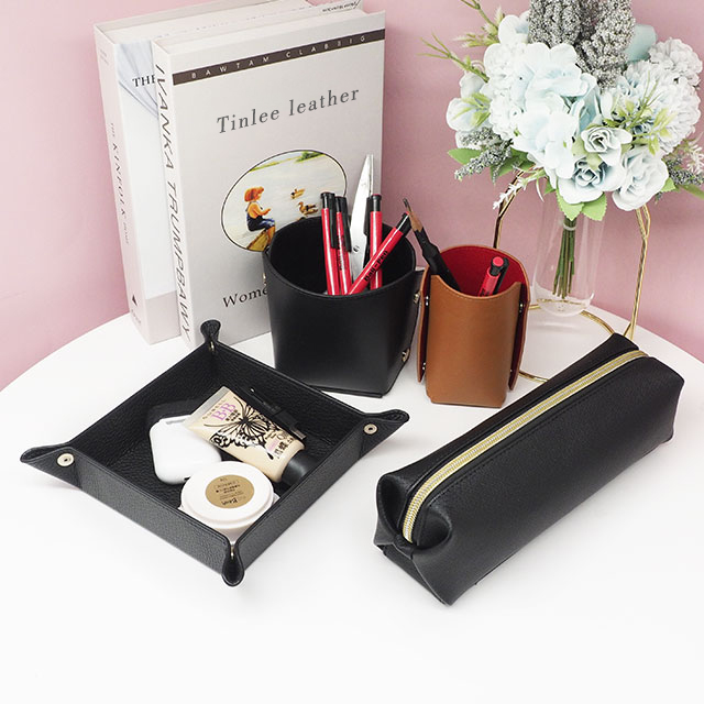 2021流行(xíng)設計(jì)真皮台式鉛筆(bǐ)收納盒辦公文(wén)具收納筆(bǐ)筒