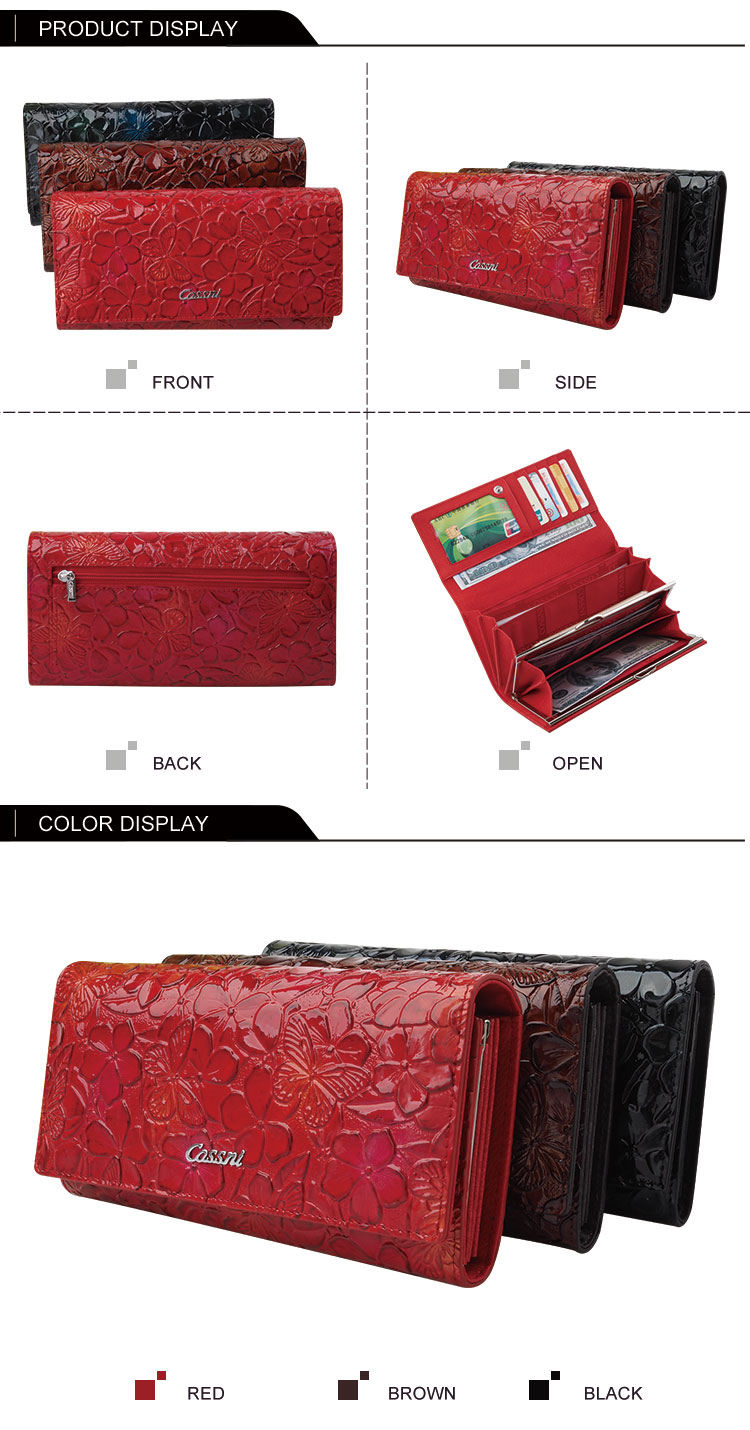 花(huā)朵黑(hēi)色專利皮革長(cháng)款錢(qián)包